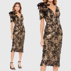 Mac Duggal Black Floral Sequin Embellished V-neck Midi Dress w/ Shoulder Bow - 4